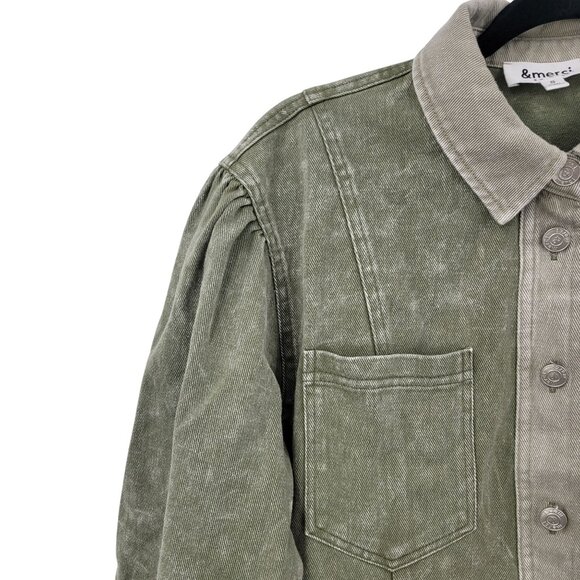 Army Green Washed Denim Button Front Mini Dress Sz S Puff Military Gorpcore - Picture 6 of 15